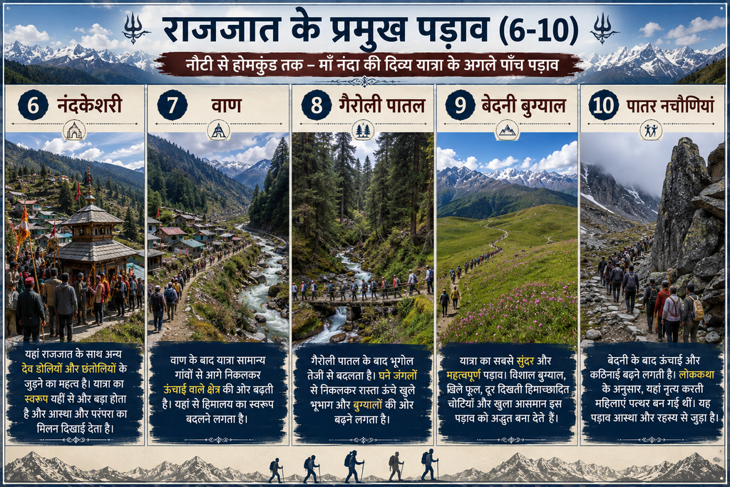 The next five major stops of the Nanda Devi Raj Jat — from Nandkesari and Waan to Gairoli Patal, Bedni Bugyal and Paatar Nachauniya.