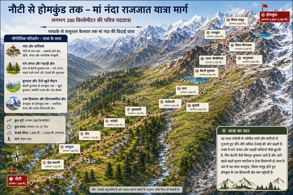 The traditional Nanda Devi Raj Jat route from Nauti to Homkund through the villages, forests, bugyals and high Himalayas of Uttarakhand.