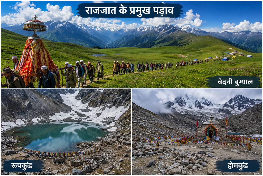 Major stops along the Nanda Devi Raj Jat route, from the mountain villages to the high Himalayan bugyals.