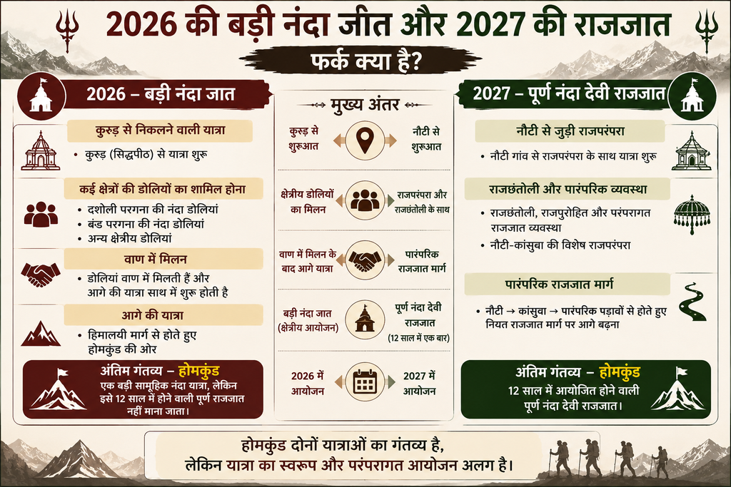 A visual comparison of the 2026 Badi Nanda Jaat and the traditional 2027 Nanda Devi Raj Jaat, showing their different routes, traditions and pilgrimage structures.